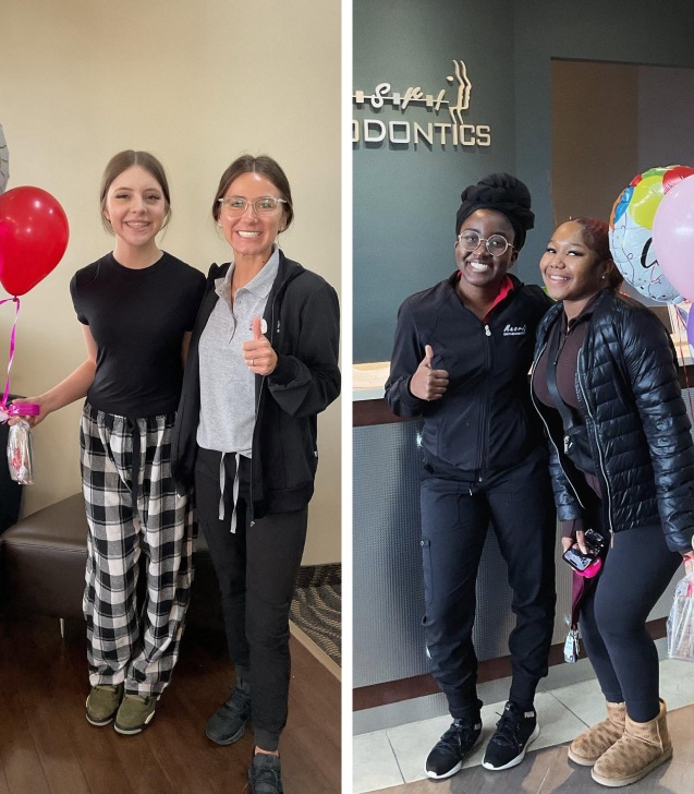 Two photos of smiling people posing together inside the Masri Orthodontics office