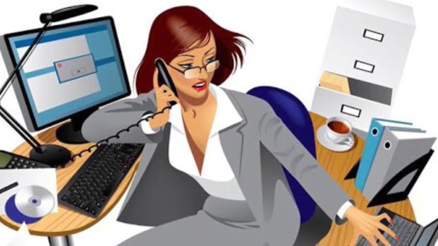 Cartoon of a busy woman multitasking at a desk