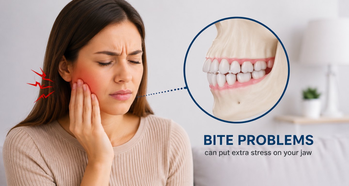 Woman holding her jaw beside an illustration of common bite problems