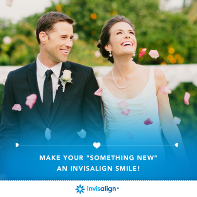 Couple on their wedding day with the caption Make Your Something New an Invisalign Smile