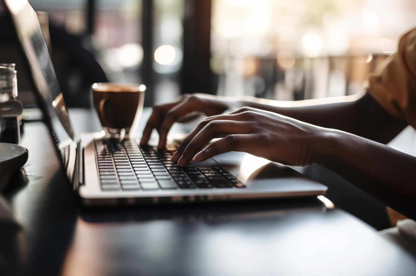 Hands typing on a laptop next to a cup of coffee
