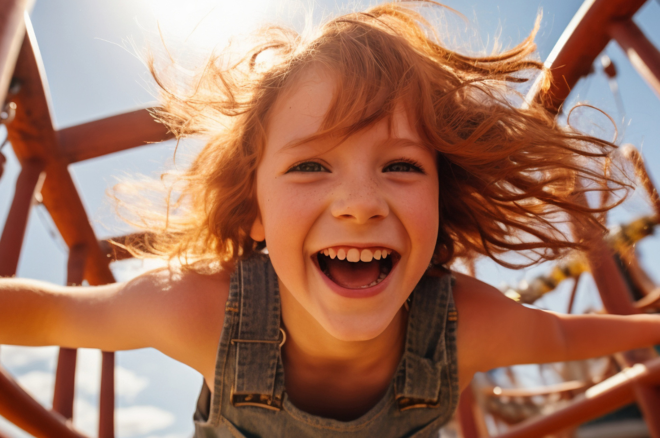 Laughing young girl with windblown hair on a playground